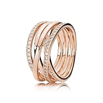 PANDORA Timeless Anello placcato in oro rosa 14 k con linee lucide e brillanti con zirconi cubici trasparenti, 60