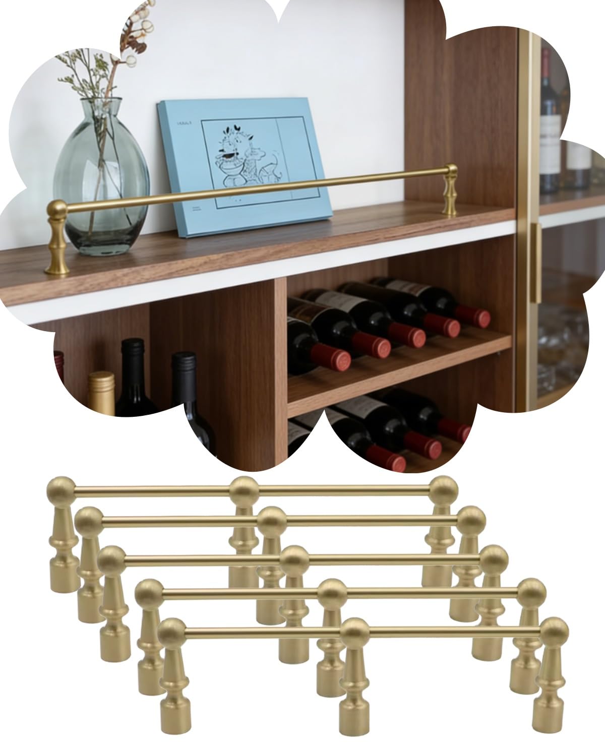 MESCXTY Unlacquered Brass Gallery Rails for Bookcase Shelves, Multi Pack Shelf Railing Brackets with Posts, Tipping Spindles Holders(5 Pack,36in/91.4cm)