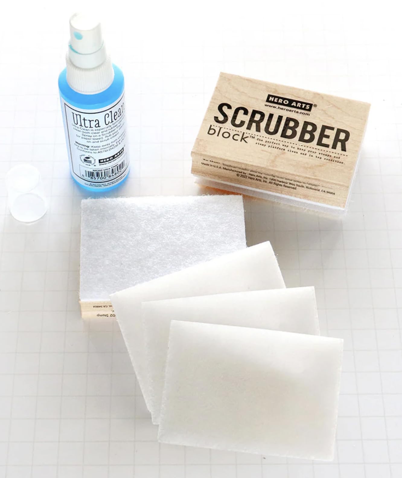 Stamp Cleaning Kit with Scrubber Block, Ultra Clean Solution, Extra Pads, 3 Piece Crafting Bundle
