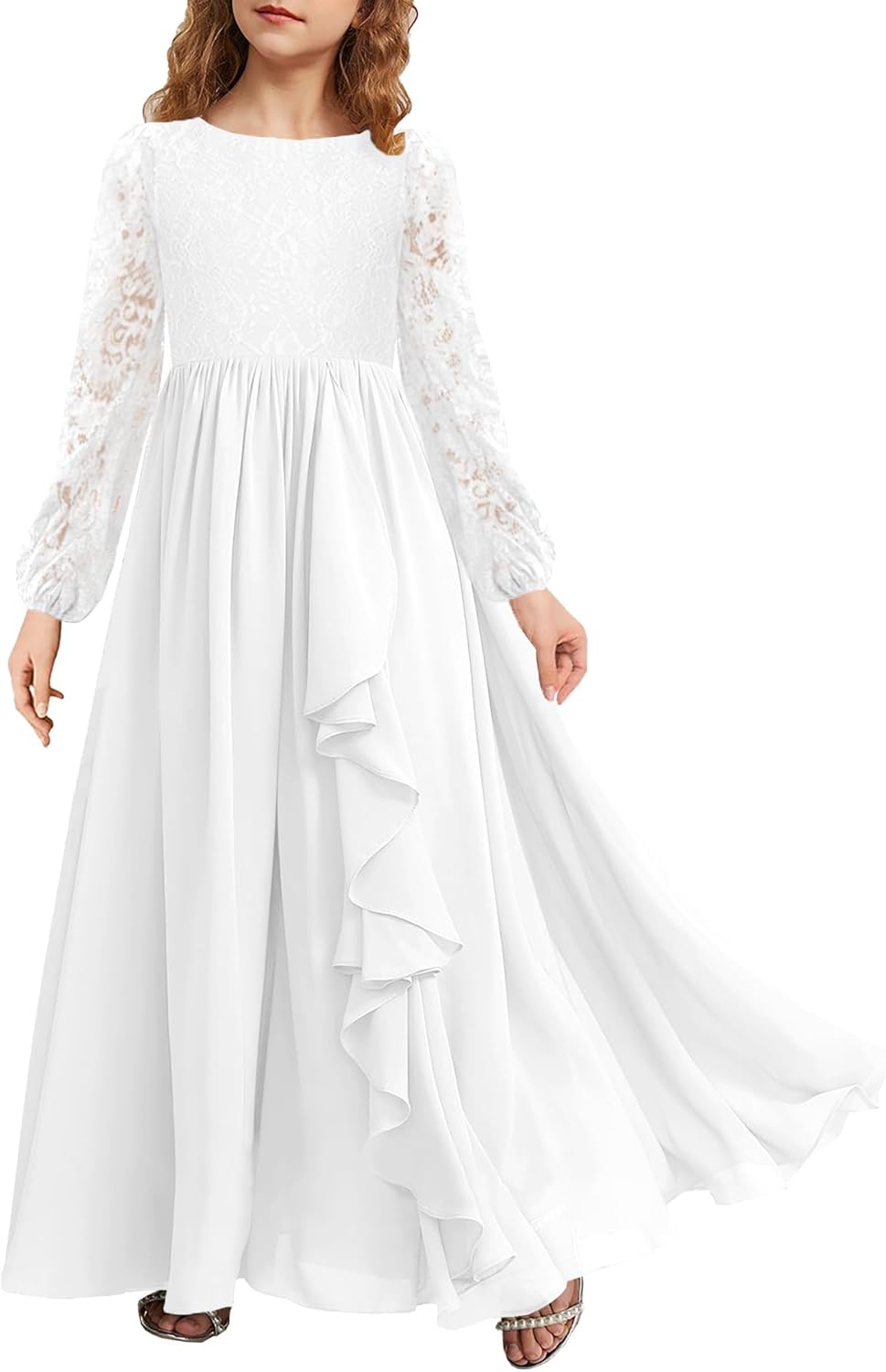 MITILLY Girls Fall Long Sleeve Maxi Dress Vintage A-Line Chiffon Ruffle Flowy Lace Flower Girl Dresses for Wedding Party