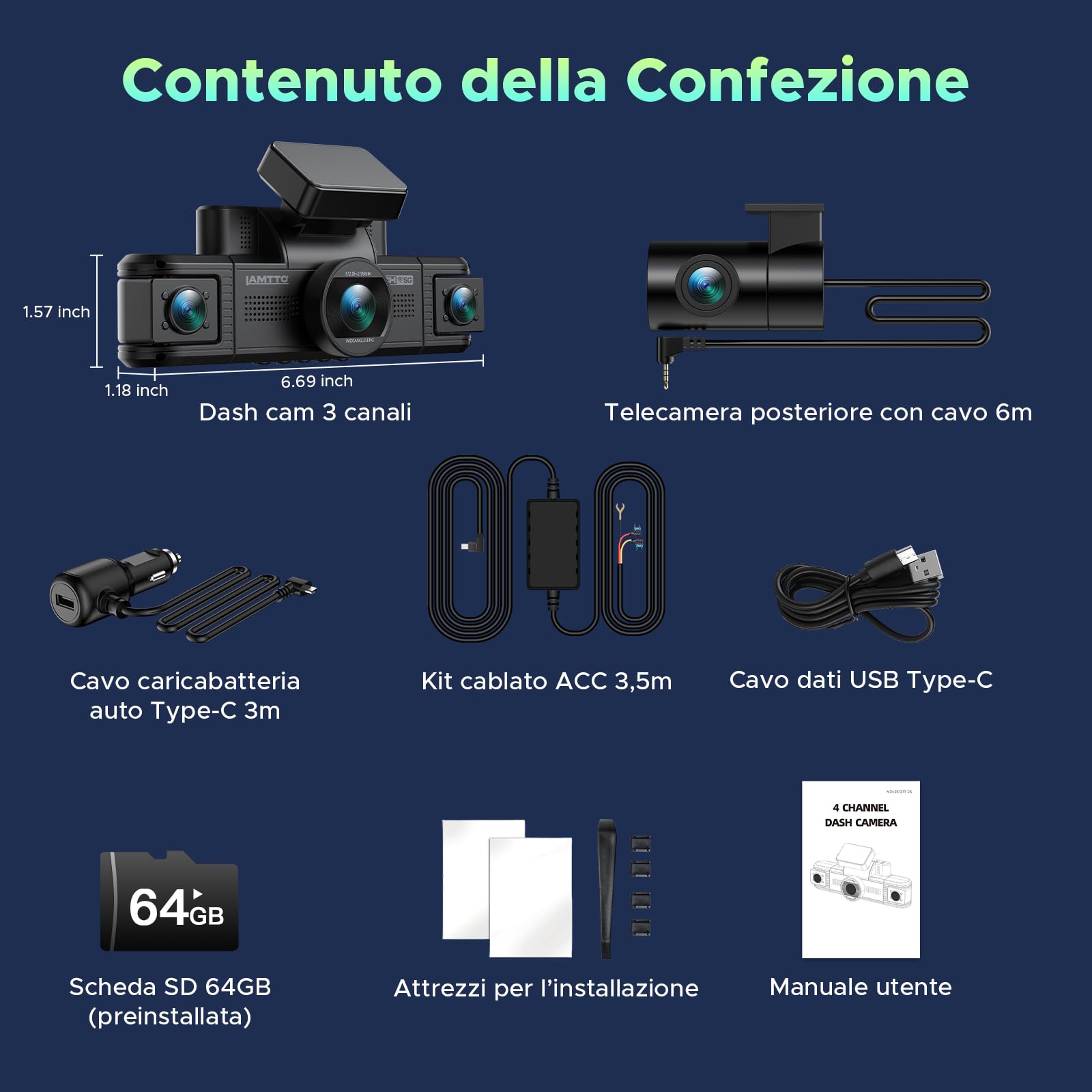LAMTTO Dash Cam Auto 4 Canali 360°, Telecamera Auto 2K Anteriore + 1080P Posteriore, Interno e Laterali, WiFi 5GHz, Visione Notturna IR, G-Sensor, Dashcam con Kit Hardwire e Scheda 64GB Inclusa