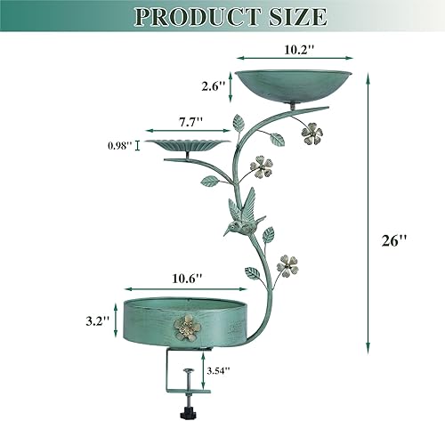 Miniatura 9 de HLQMFHT Baño de pájaros montado en la cubierta de 11.2 pulgadas de diámetro, baño de pájaros de metal para barandilla de cubierta, con abrazadera de