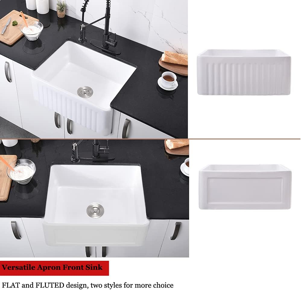24 Inch Small White Farmhouse Sink-Bokaiya 24x18 Fireclay Farmhouse Sink Apron Front Porcelain Ceramic Single Bowl White Kitchen Sink with Dish Grid and Roll Up Rack