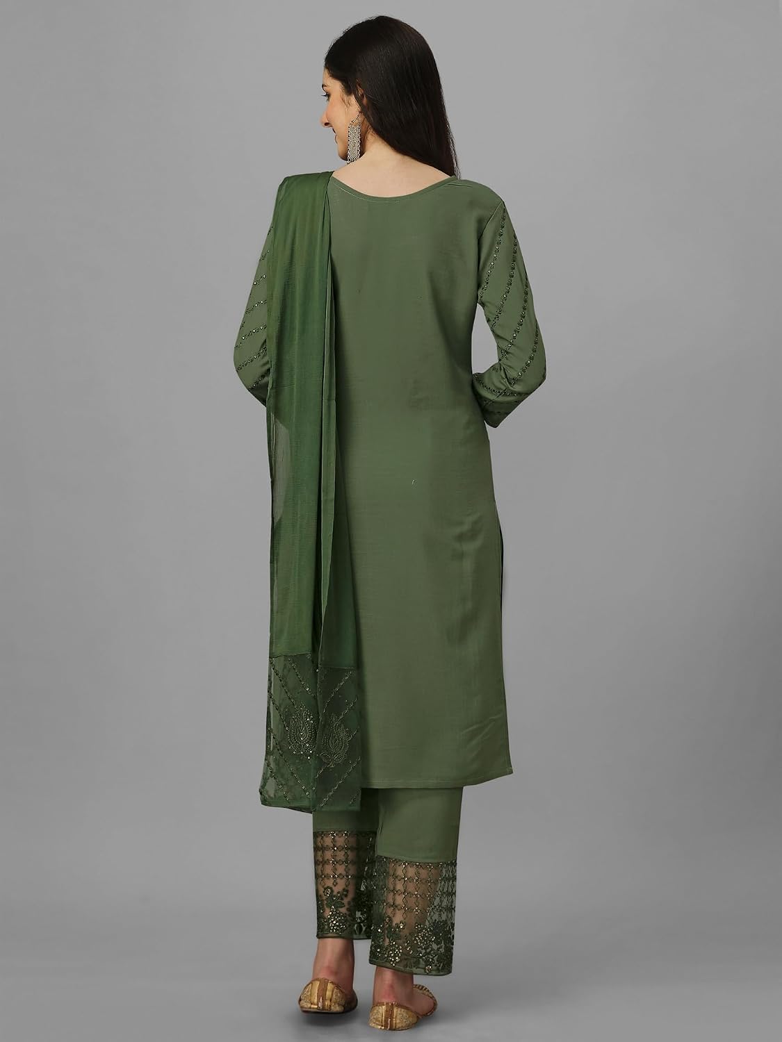 TRENDMALLS Women's Cotton Embroidery Salwar Suit Set Kurta Pant with Dupatta (G134-Green-M)
