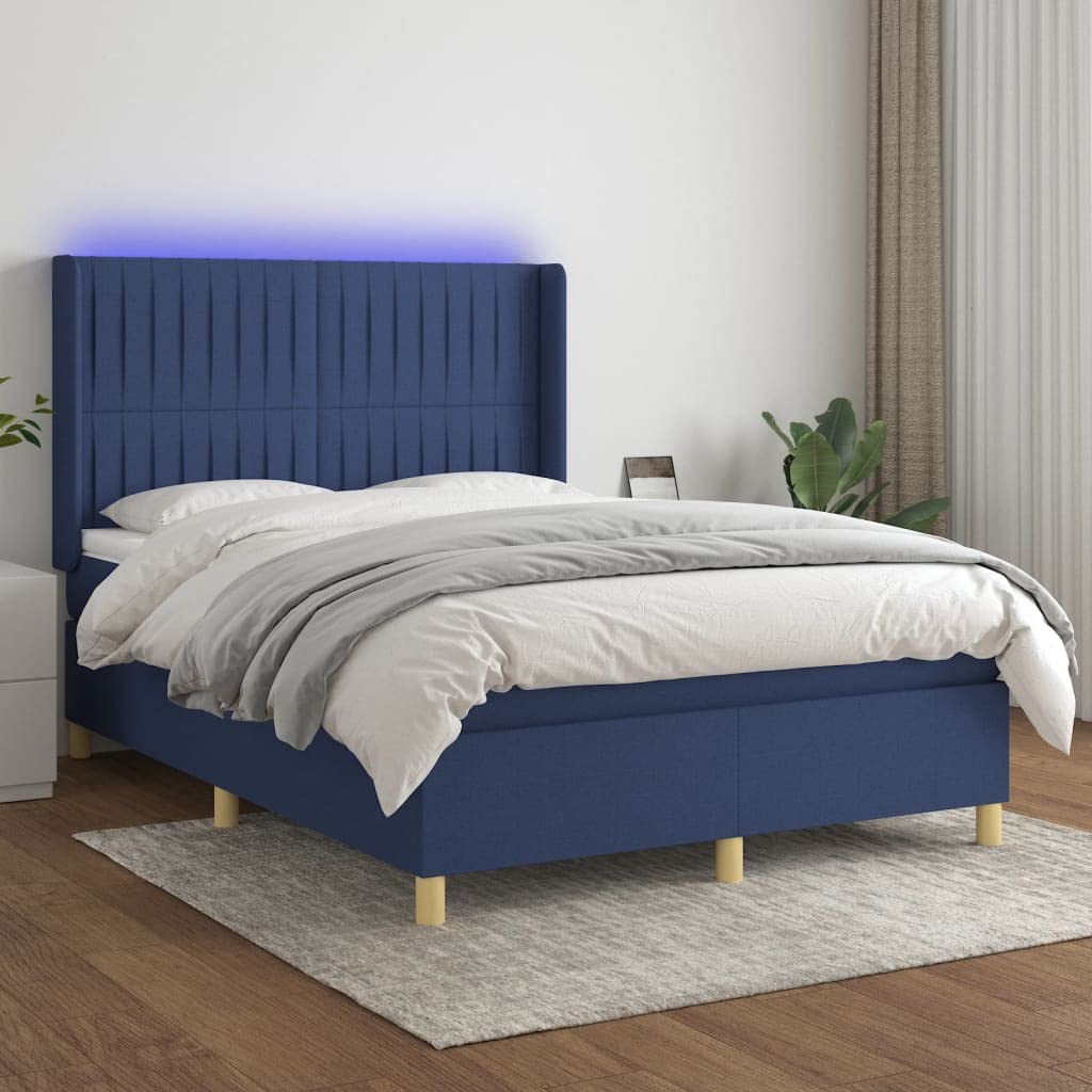 Tkanina LED Regulowany Zagłówek 140x200 Niebieski | Łóżko kontynentalne z materacem niebieskie 140x200 cm tkanina z diodami LED i regulowanym zagłówkiem do sypialni
