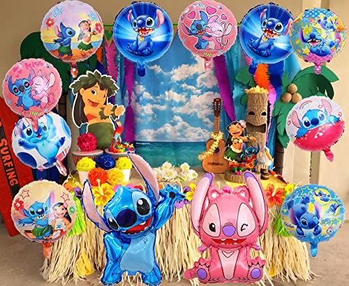 12 Pcs Lilo Stitch Birthday Party Balloons, Stitch Party Decorations, Lilo Stitch Cartoon Foil Balloons For Kids Boys Girls Birthday And Baby Shower Parties, Blue & Pink Stitch Party Supplies #TOP1