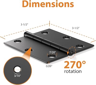 Black Door Hinges - 24 Pack Mate Black Door Hinges 3.5 Inch Rounded Interior Door Hinge with Square Corners - 3 1/2 Inches Black Hinges for Residential Standard Doors Hardware