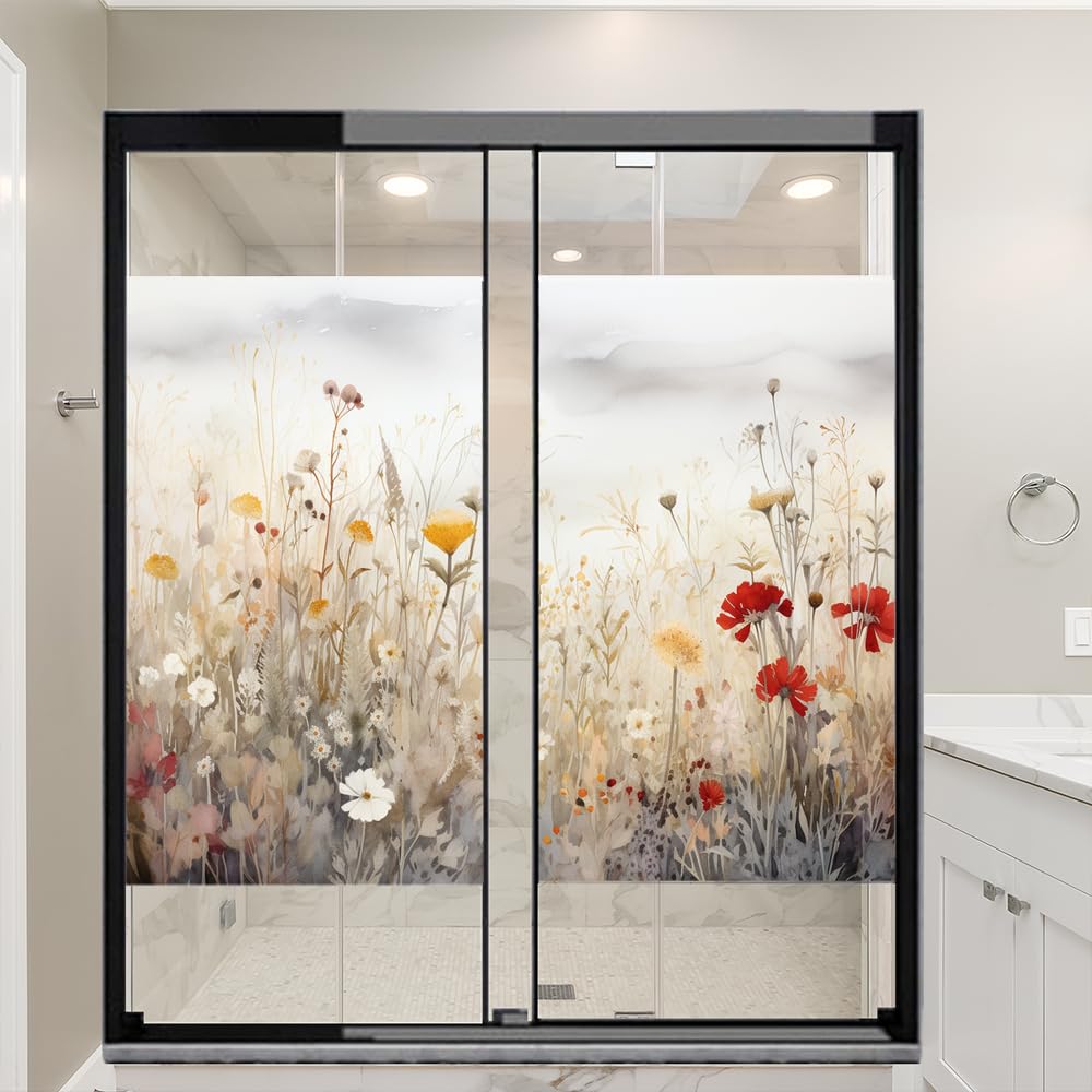 Wild Flower Stained Glass Window Film Colorful Rustic Farmhouse Natural Plant Privacy Window Film Glass Door Covering Non-Adhesive Window Stickers for Room Kitchen 27.6Wx47.2L-inch x2 Pcs