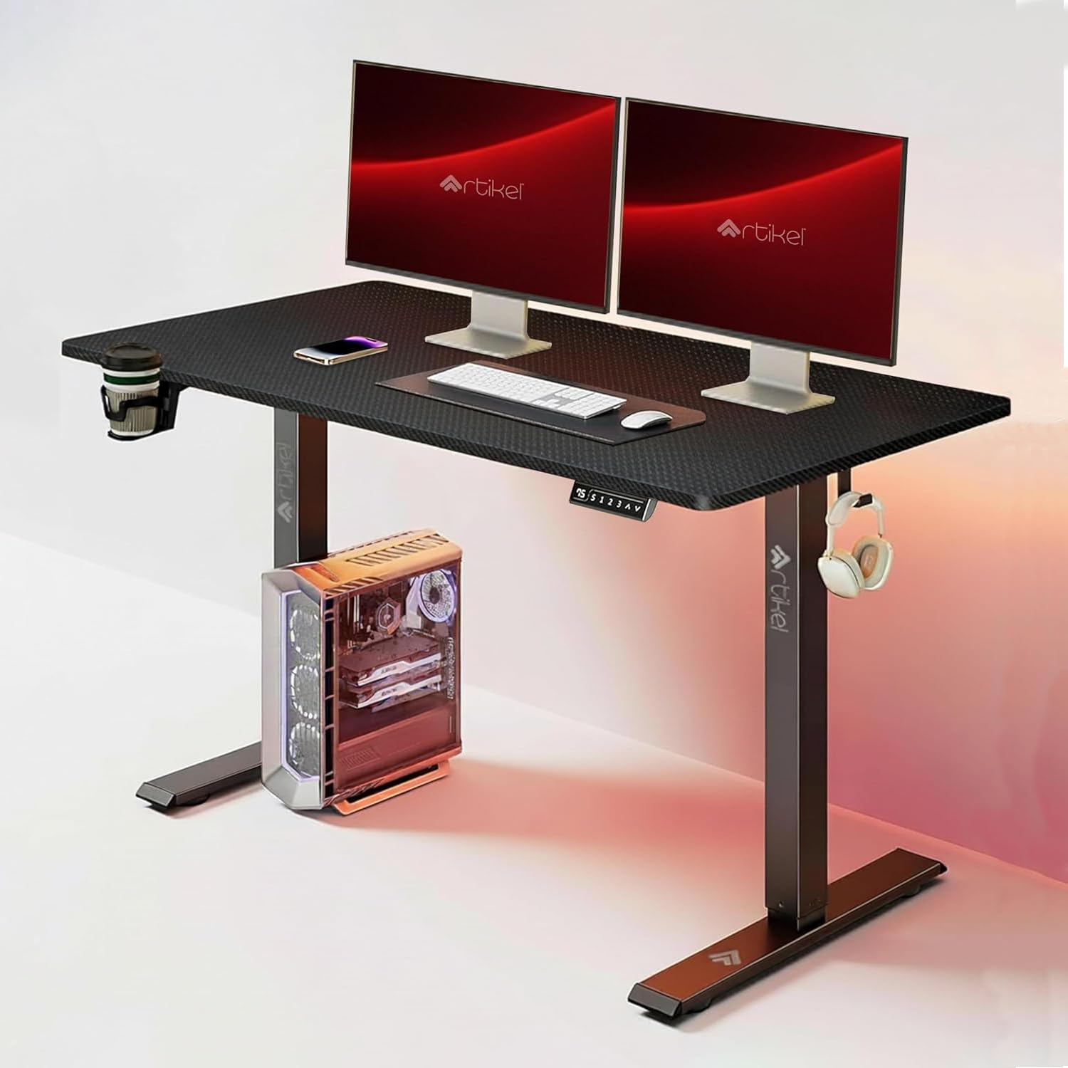 ARTIKEL Artidesk Lite Electric Height Adjustable Table for Office & Home | Sit Stand Gaming Desk|80Kg Wt Lift | Cup Holder Headphone Hook Cable Management|120X60Cm | Carbon Black