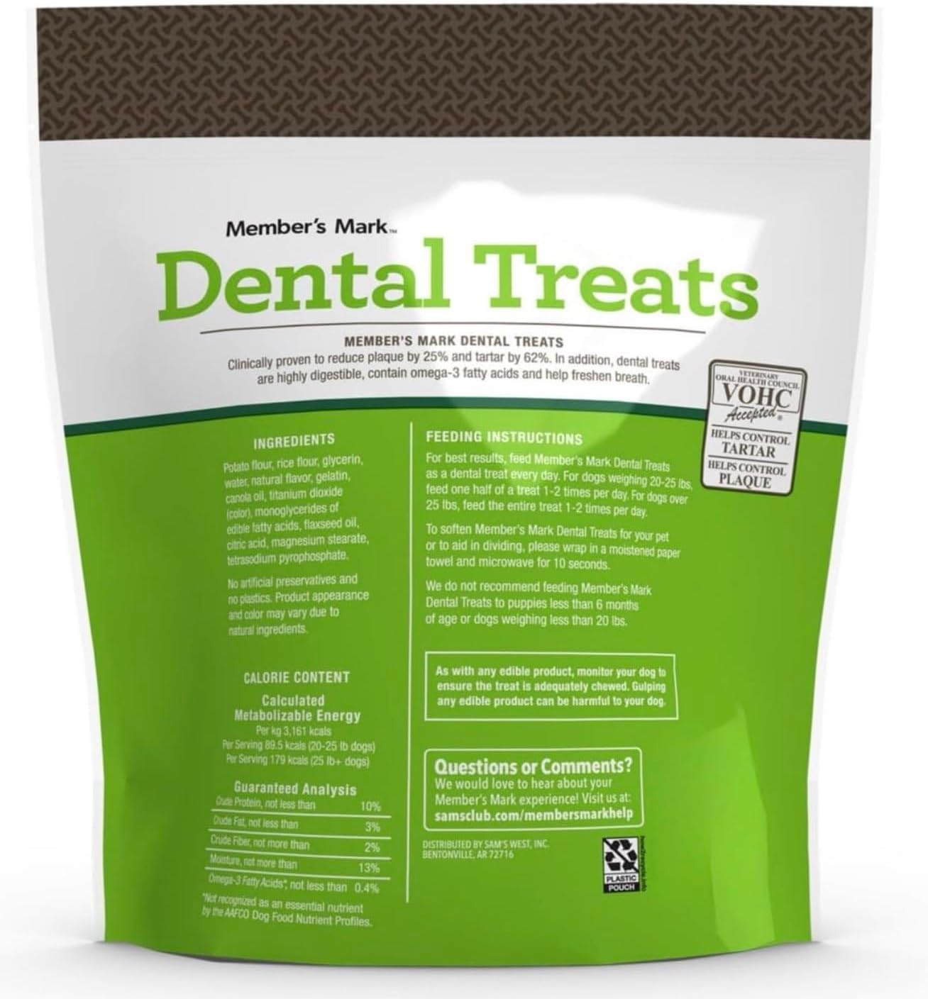 Dental Chew Treats for Dogs – Member Mark Quality, 60 oz Bag with 30 Chews – Freshens Breath, Reduces Plaque and Tartar, Wheat Gluten-Free, Highly Digestible