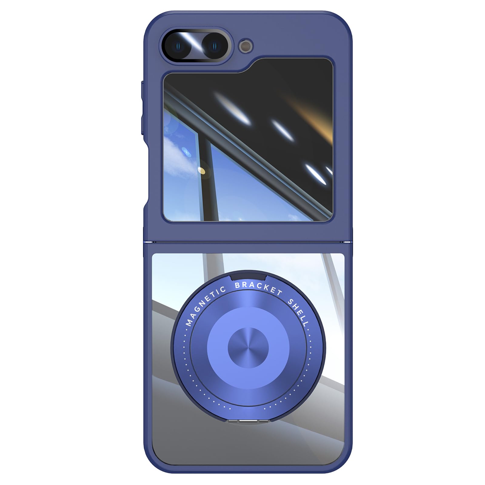 Magnetyczne etui do Samsung Galaxy Z Flip 6, przezroczyste etui z obrotowym pierścieniem, z podpórką, ochrona przed wstrząsami, niebieskie, z klapką 6