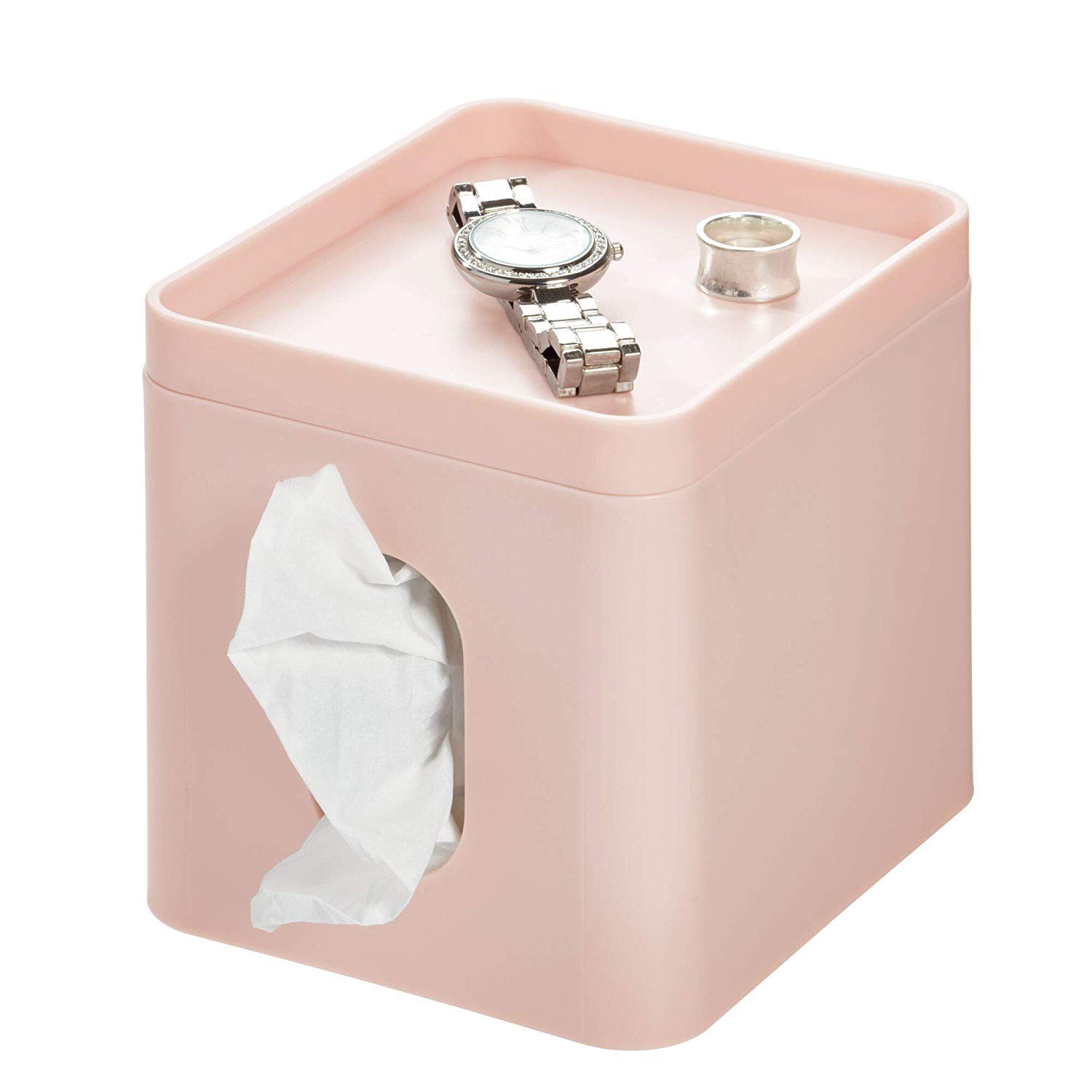 iDesign Tissue Box Cover, Small Tissue Box Holder Made of Plastic, Cover for Box of Tissues with Tray for Jewellery and Makeup, Pink