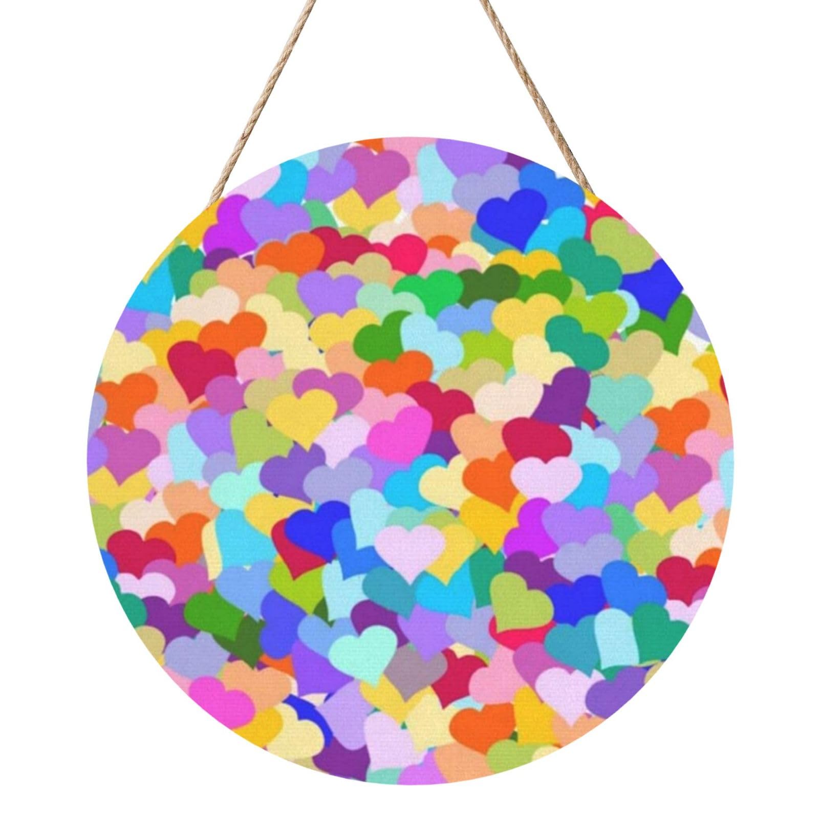 InOmak Rainbow Heart Confetti, Round Wood Panel Painting 12 in, Wall Hanging Painting For Home