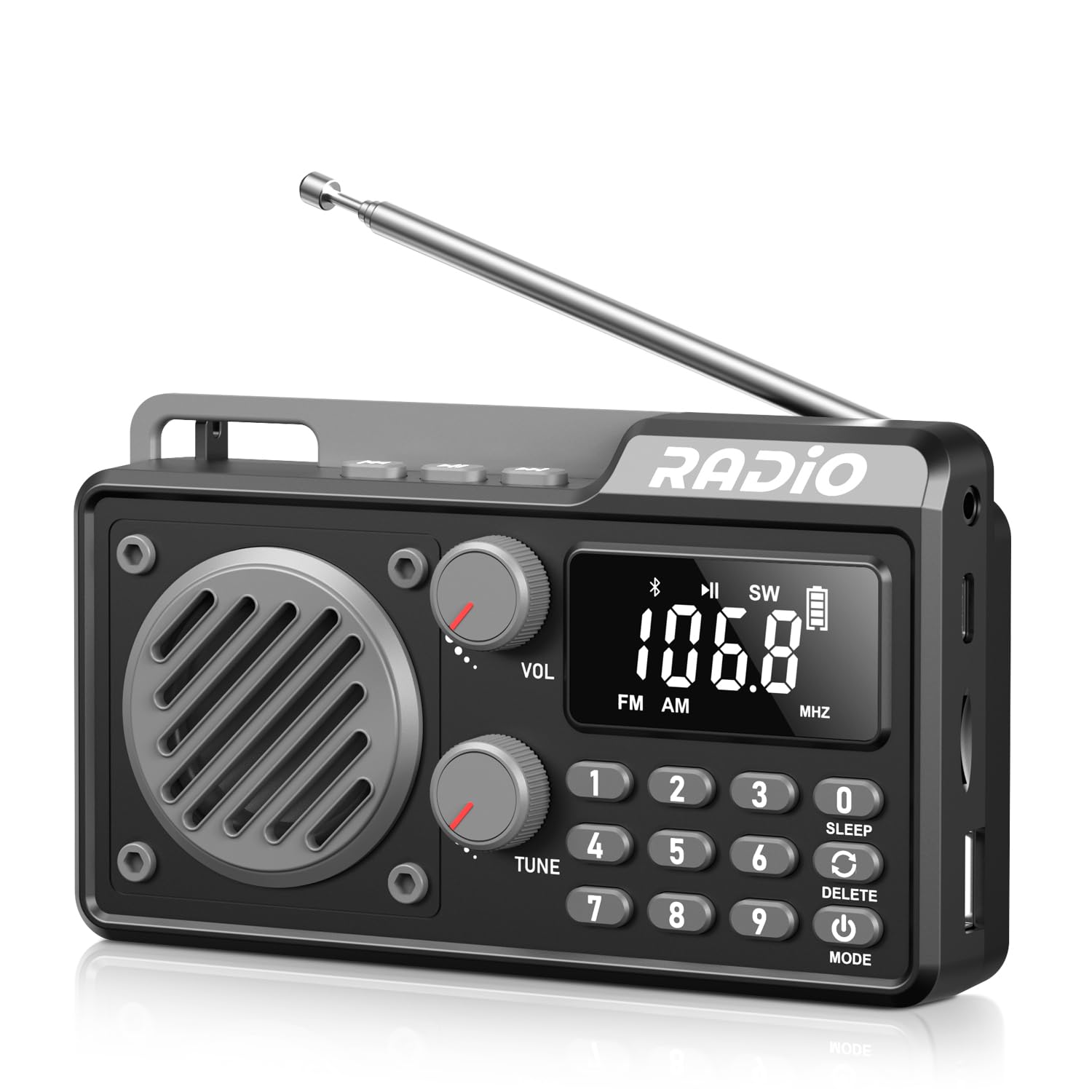 Radio Portátil Am/FM/SW con Bluetooth Pequeña Radio Recargable con Altavoz, Función Temporizadora y Puertos USB/TF/AUX para Cocina, Dormitorio y Exterior
