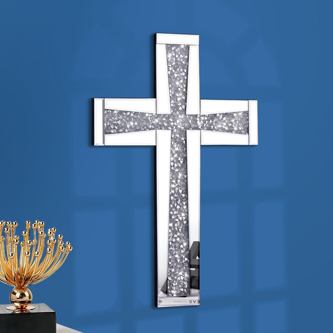 Aeveco Silver Mirrored Wall Cross 20 13 inch Crystal Crush Diamond Cross for Wall Living Room Bedroom Home