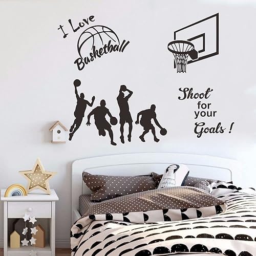 Miniatura 7 de JWH178 - Adhesivo de pared de baloncesto para habitación de niños, siluetas de acción y diseño de aro con cita "I Love Basketball", calcomanía de