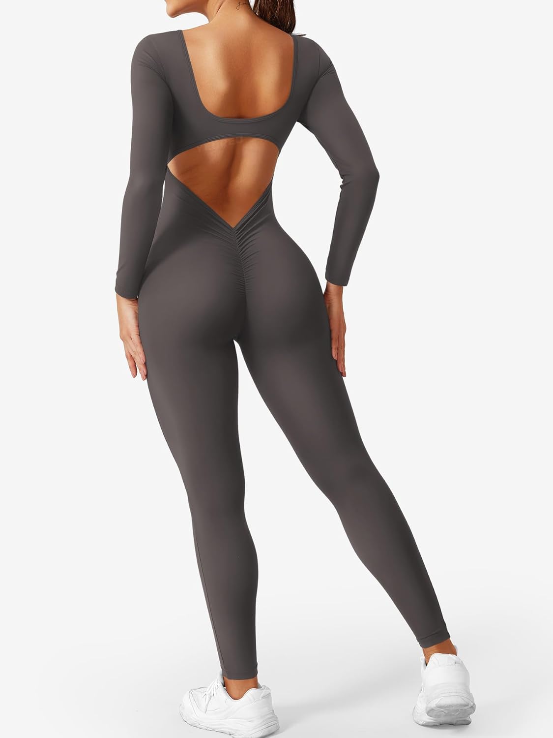 YEOREO Long Sleeve Jumpsuits for Women V Back Bodysuit Workout Full Length Bodycon Scrunch Leggings One Piece Romper - Image 5