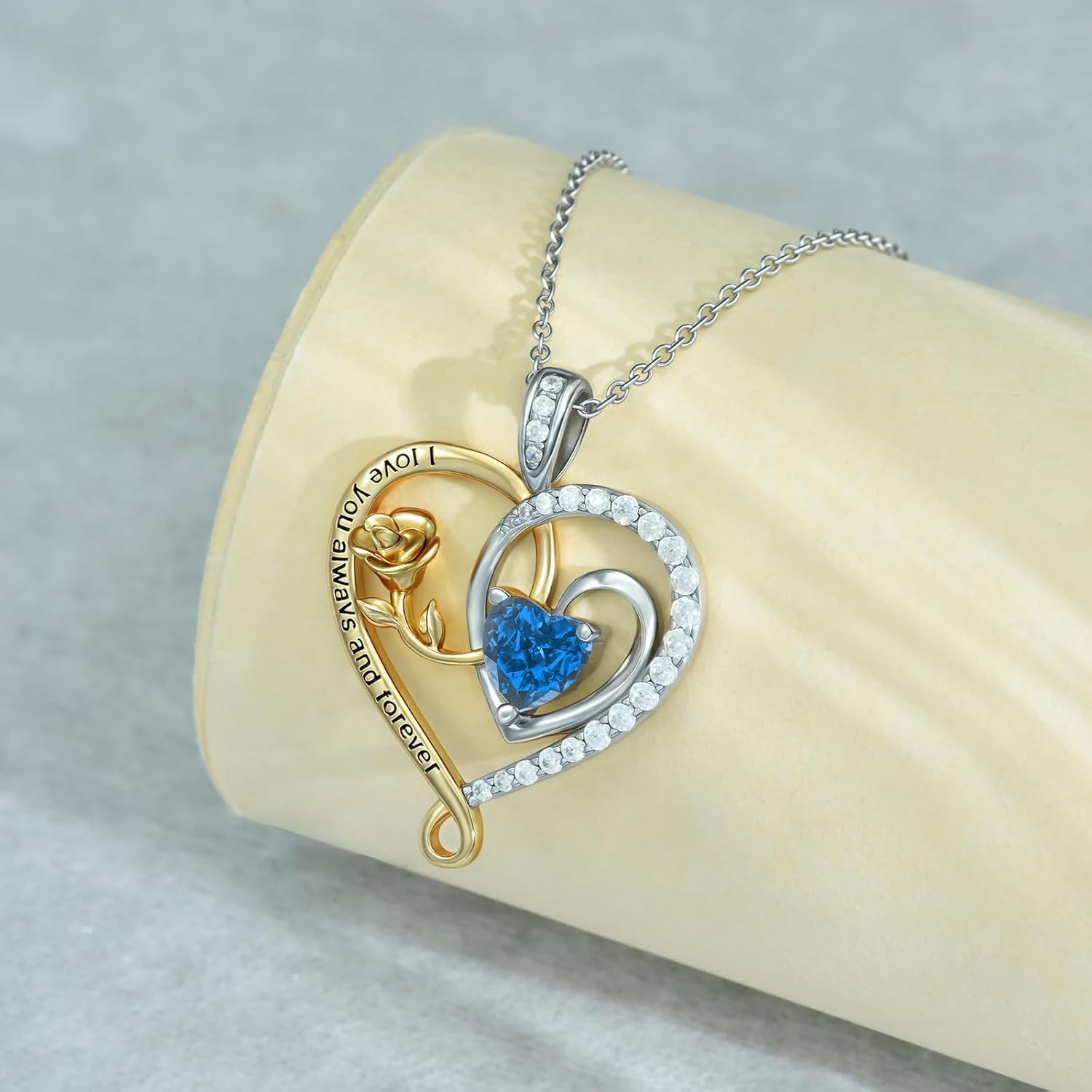 E Infinity Double Heart Birthstone Necklace 925 Sterling Silver Rose Flower Pendant Necklace, Birthday Anniversary Jewelry Gifts for Her Wife Mom Girlfriend Wife - Image 3