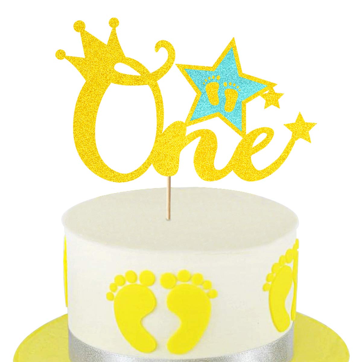 Vivicraft Gold Glitter One Cake Topper for Baby 1st Birthday, Handmade First Birthday Cake Topper for Baby Shower Party Decorations Supplies (Star, Footprint)
