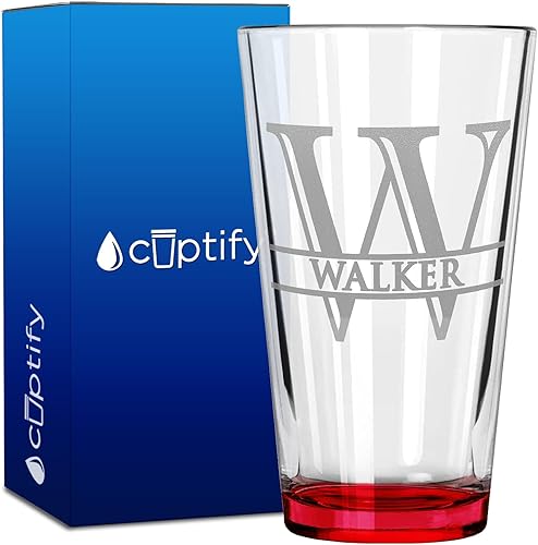 Vaso de cerveza personalizado elaborado con monograma grabado con monograma grabado de 16 onzas con fondo rojo, taza personalizada, regalo de