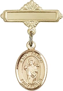 14kt Yellow Gold Baby Badge with St. Aedan of Ferns Charm and Polished Badge Pin 1 X 5/8 inches