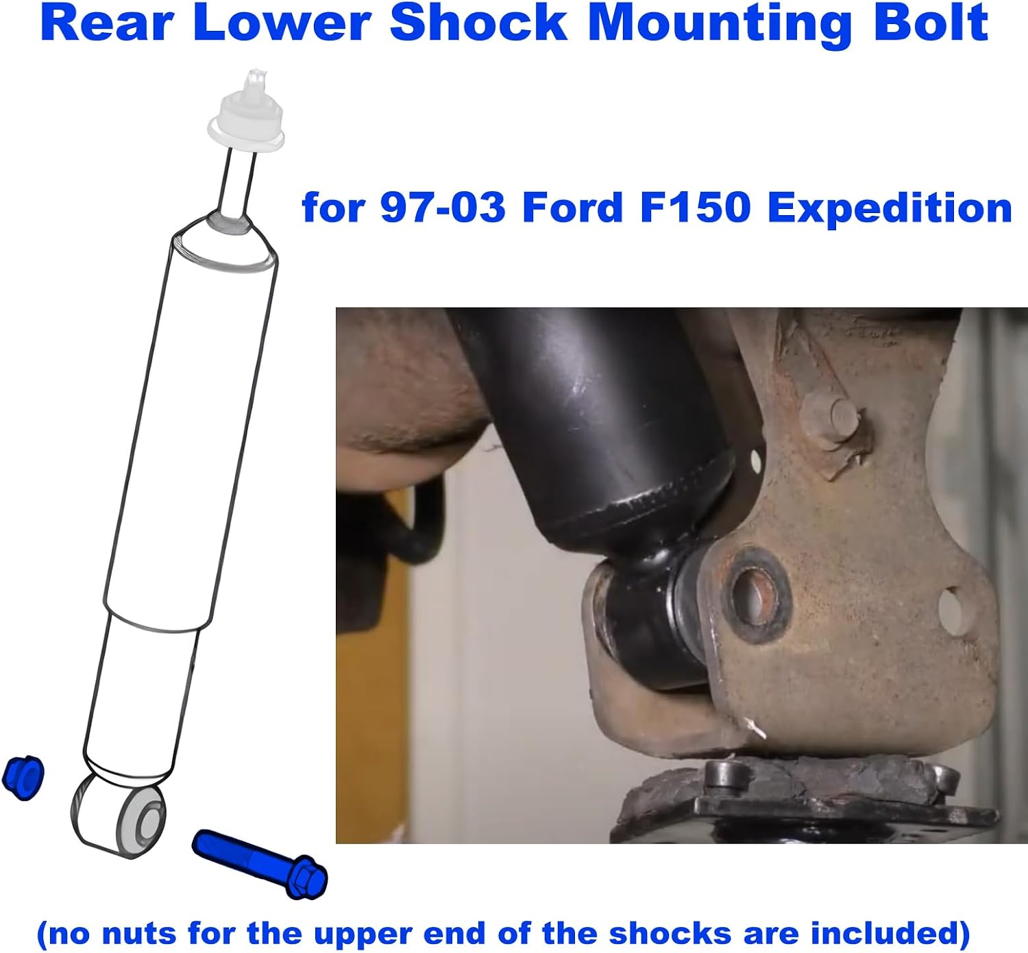 10.9 Hardened Rear Lower Shock Mounting Bolt Kit for 1997-2003 Ford F150, Expedition, Silver Dacromet Coated, with Flange Bolts and Nuts