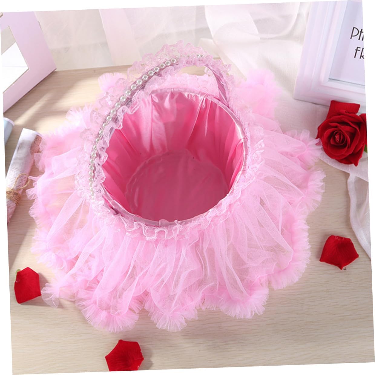 FOMIYES Wedding Scatter Flower Basket Pink Lace Petal Basket for Bridesmaids Wedding Party with Handle Ceremony Supplies