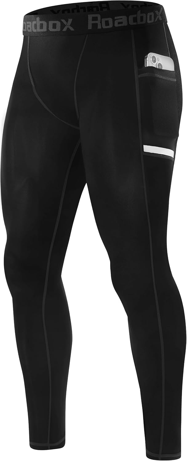 Roadbox Men's Compression Pants Running Tights with Pockets Athletic Leggings Base Layer for Workout Basketball Cycling Sport
