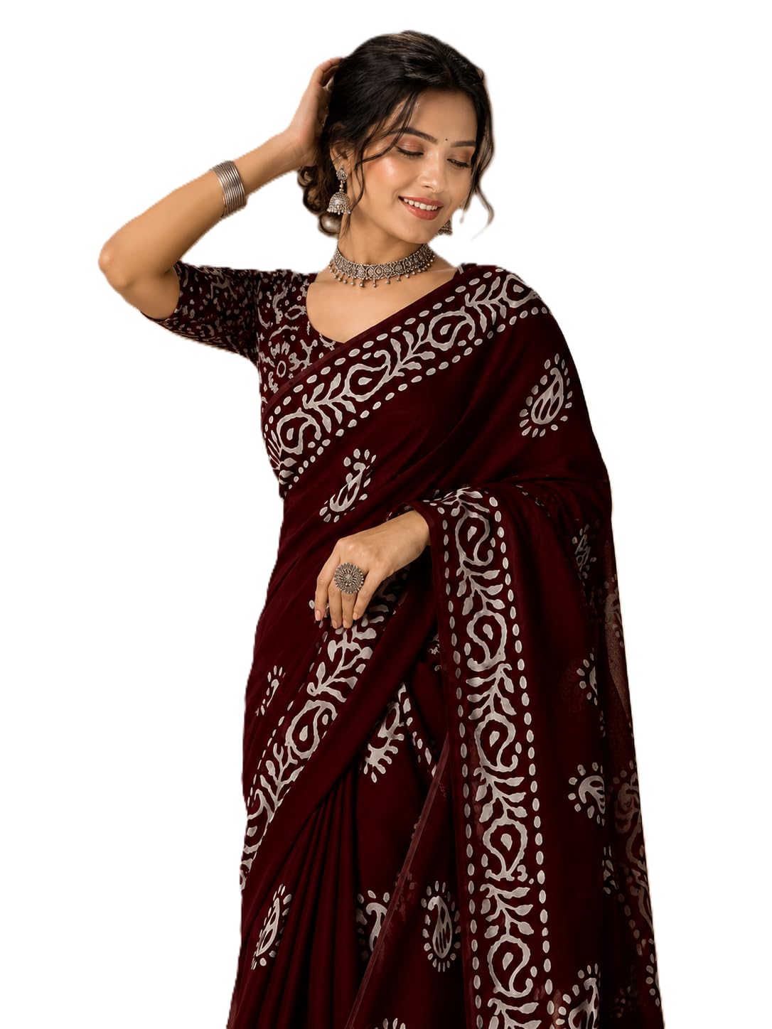 Women's Premium Pure Cotton Mulmul Saree with Traditional Batik Style Print & Matching Blouse Piece | Lightweight Elegant Daily Wear Saree (5.5m Saree + 0.8m Blouse)-picture-14