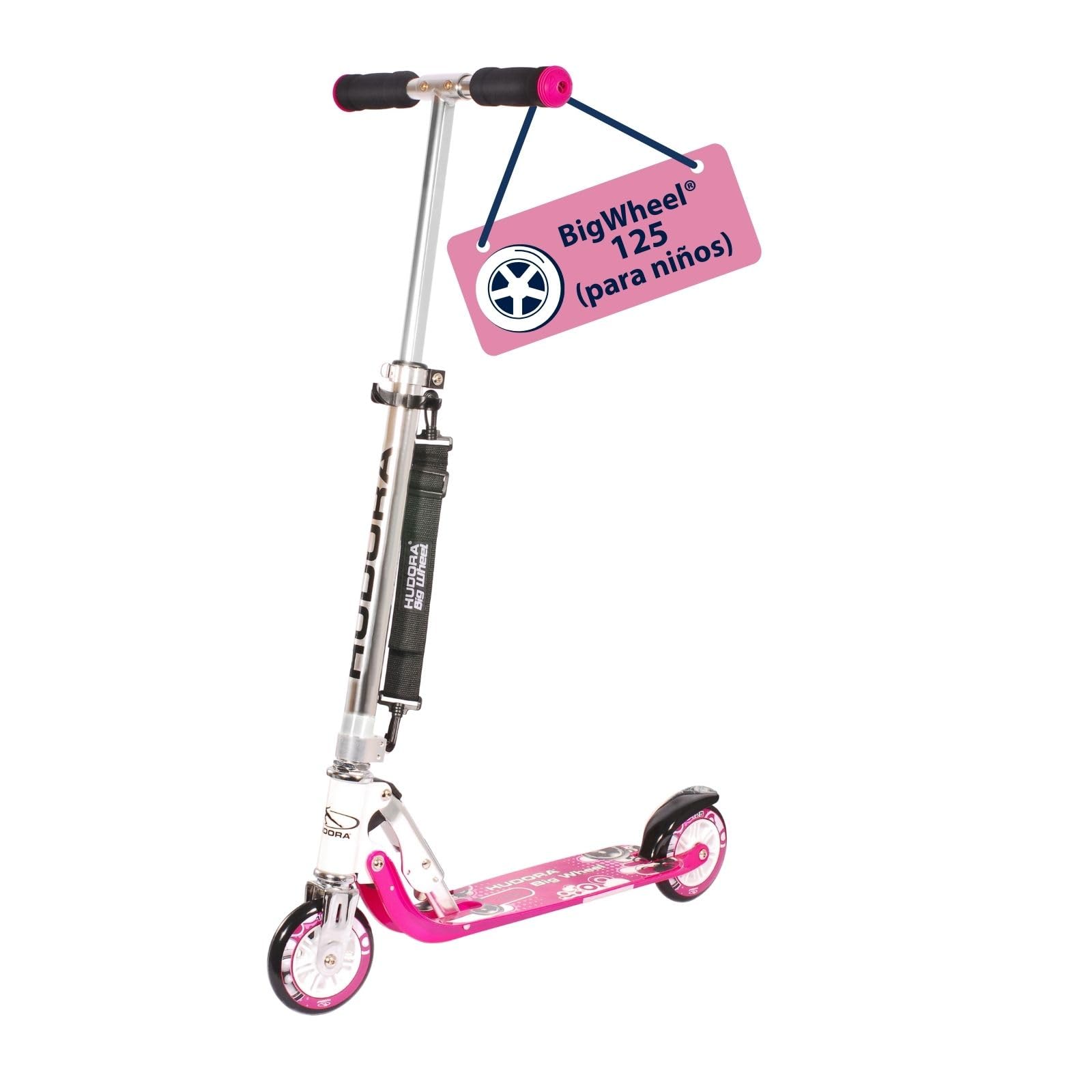 HUDORA Scooter BigWheel 125 - Patín de Aluminio Seguro niños - Patinete Urbano Ajustable y Plegable para hasta 100kg - Patinete Estable con Correa de Transporte