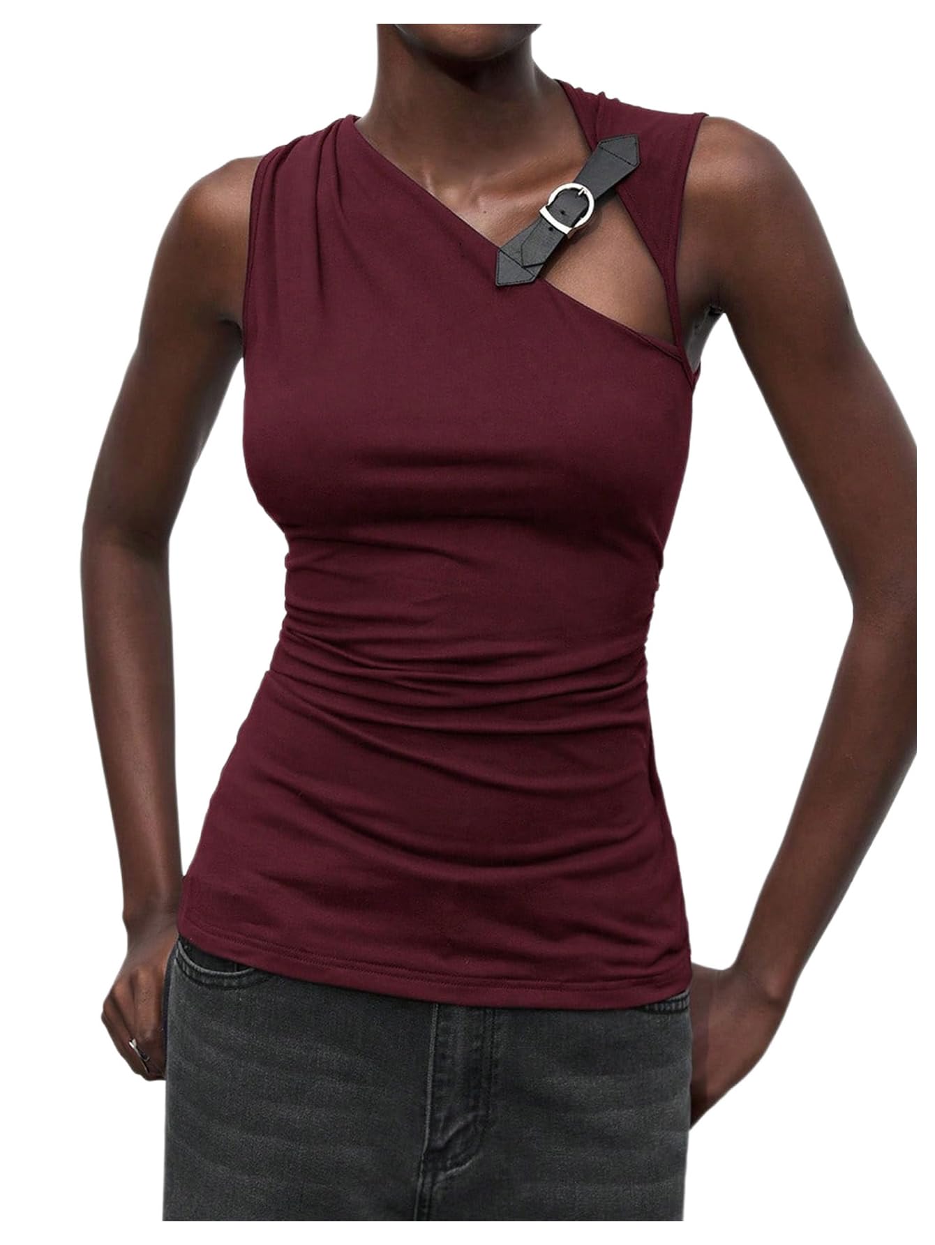 Milumia Women's Buckle Decor Ruched Tank Top Y2k Asymmetrical Neck Sleeveless Fitted Tops