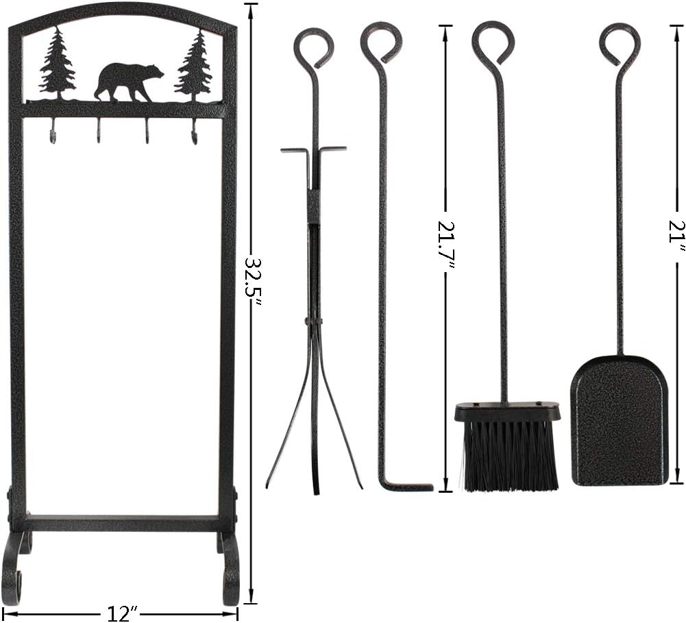 MYFIREPLACEDIRECT Fireplace Tools Sets 5 Pieces Extra Strength Wrought Iron Indoor Outdoor Fire Place Toolset Hearth Accessories Kit with Fireplace Brush, Fire Poker, Fireplace Shovel, Firewood Tong