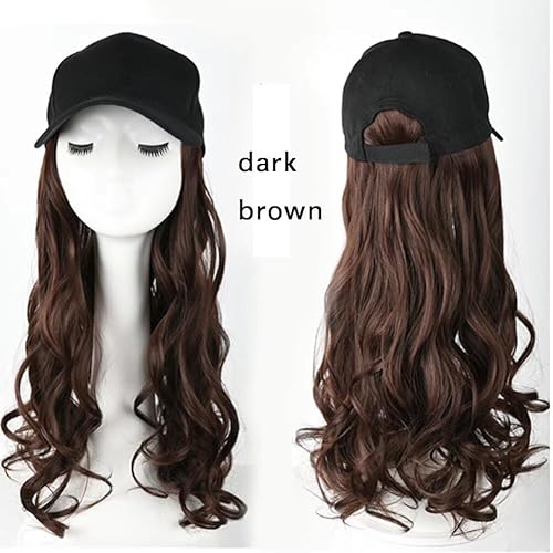 Miniatura 2 de iLUU Gorra de béisbol marrón oscuro con pelo sintético de 22 pulgadas, extensiones onduladas negras con cabello largo y rizado, pieza de pelo