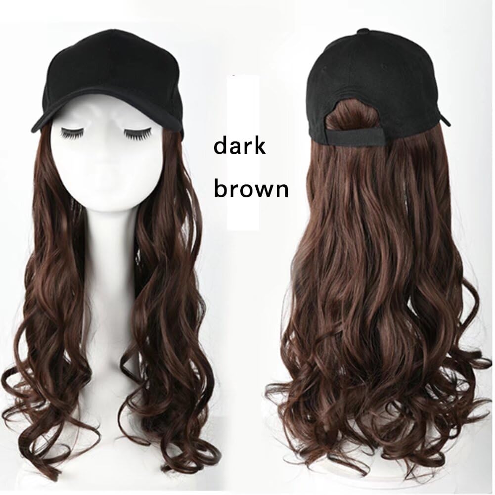 LaLuLoLi Dark Brown Baseball Cap with 22" Hair Synthetic Wavy Hairpieces Black Hats with Long Curly Body Wave Hair Piece Attached for Women Gilr Daily Party Use - Image 2