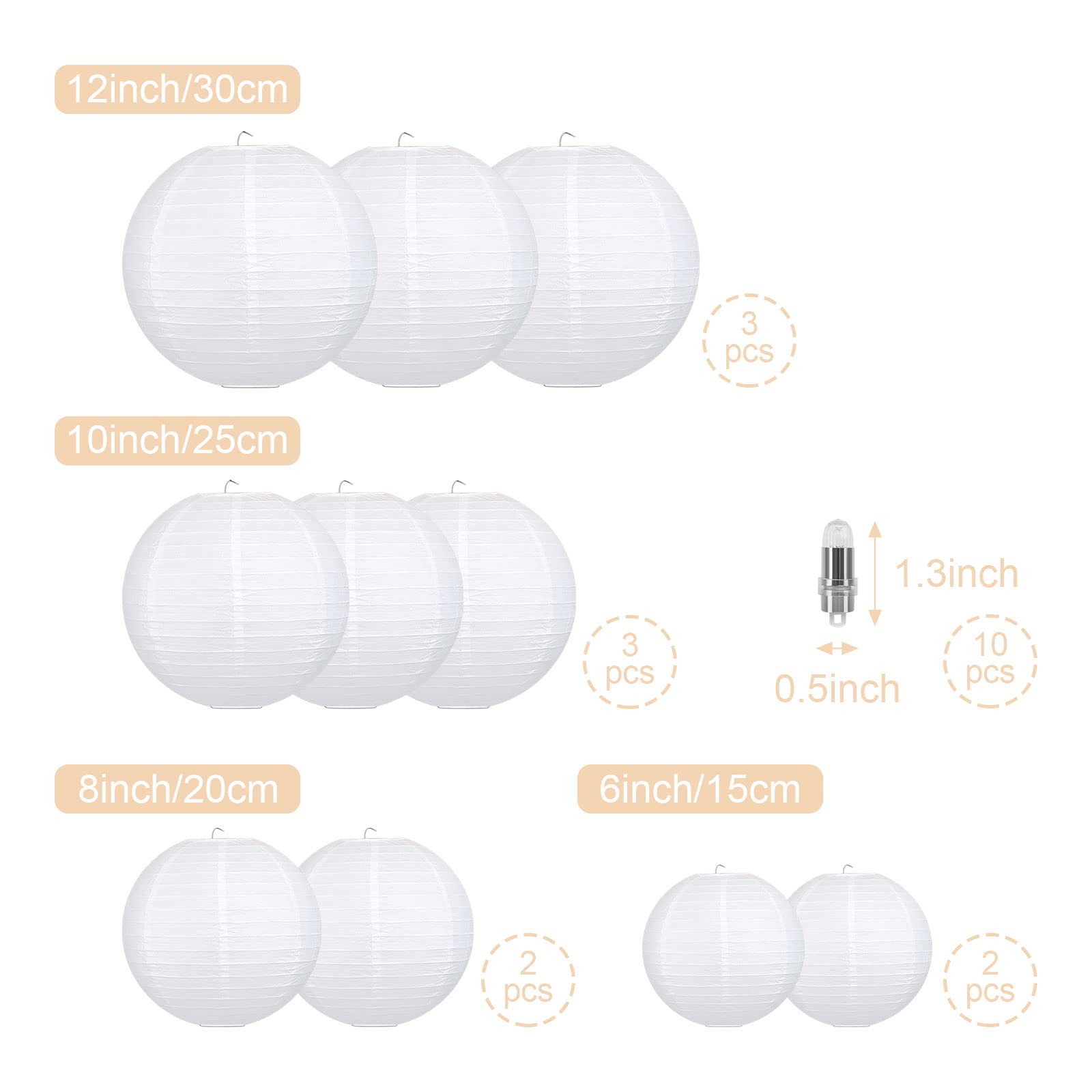 10 sztuk papierowych lampionów, białe lampiony z 10 sztukami białych diod LED, ciepłe białe światło, latarnia, abażur na wesele, imprezę, urodziny, dekoracja