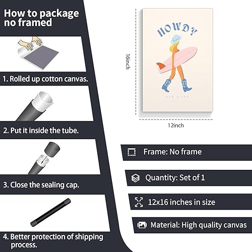 Miniatura 6 de gooptyinh Lienzo decorativo de pared de vaquera costera de moda, póster estético de habitación de niña surfista azul Howdy y Aloha, decoración de