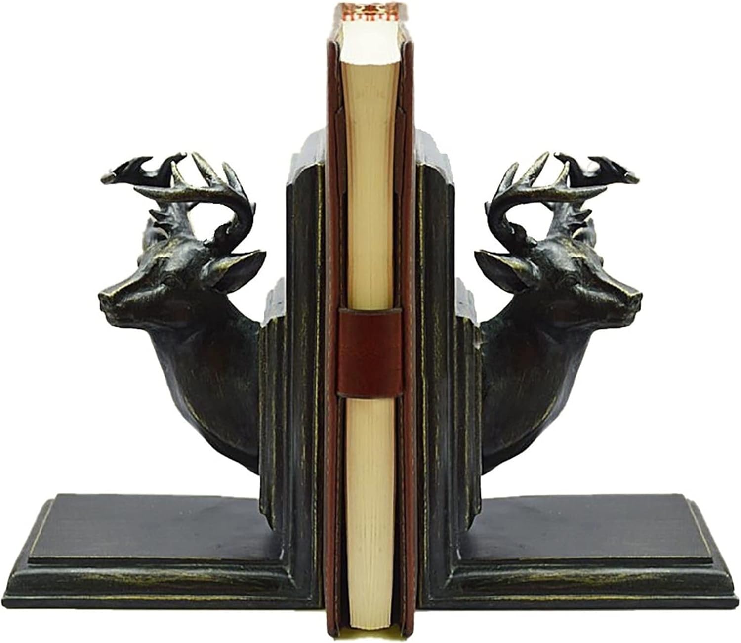 Decorative Bookend Antler Statues 1 Pair, Vintage Book Holder-Traditional Classical Art Decor Polyresin Crafts-Antique Sweep Gold Color Finish Gift