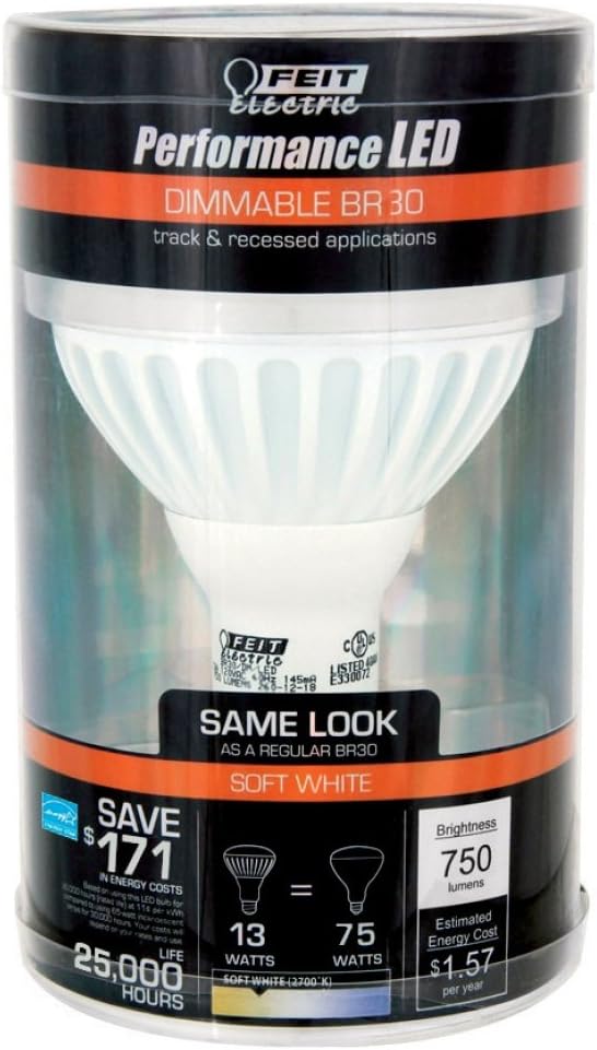 Feit Electric BR30DM65/LED Dimmable BR30 Led Light Bulb, 13w Energy Consumption, Saving Replacement For a 65 Watt BR30 Bulb, Average Lifespan Of 25000 Hours