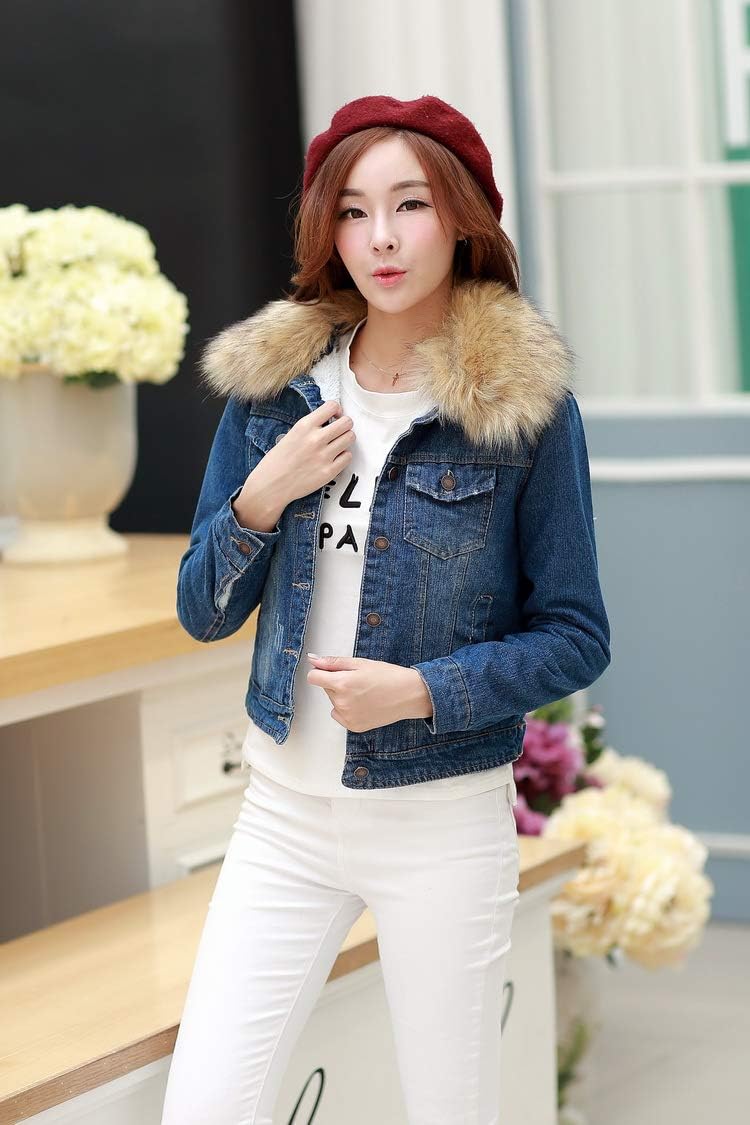 Denim Jacket for Women Lined Faux Fleece, Short Winter Jeans Coat with Detachable Faux-fur Collar