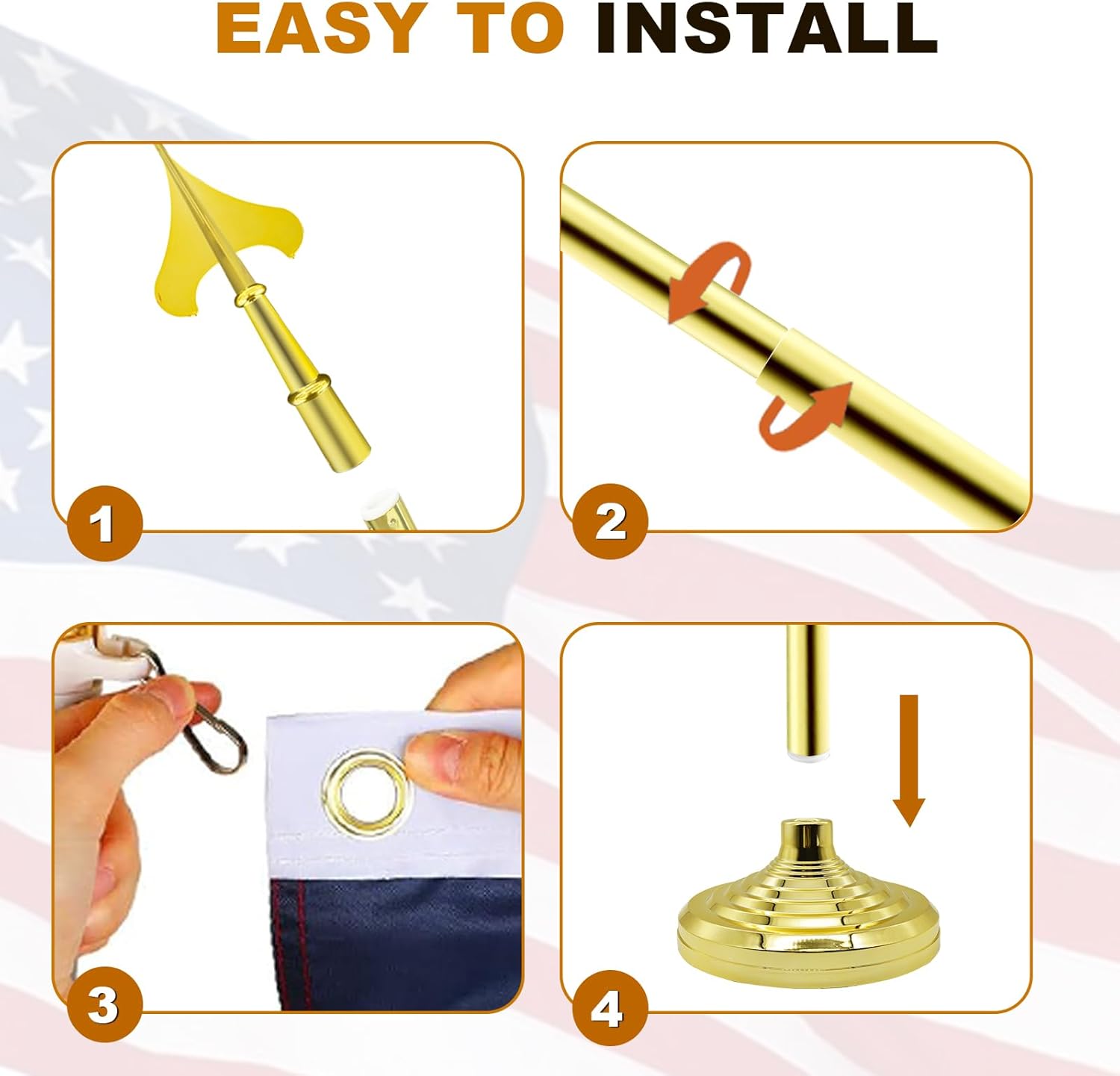 Indoor Flag Pole Kit,Telescoping 6FT-8FT Flag Pole with Base, 3x5 FT American Flag, Army Spear, Cord Tassel,Glod Flagpole and Stand, for Office School City Hall(1Pack)