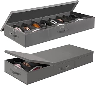 HOUSE AGAIN Under Bed Shoe Storage Organizer with Lid, Foldable Shoes Storage Bin Set of 2, Stackable Underbed Storage Containers with 2 Handles, Fits Total 22 Pairs, Dark Grey