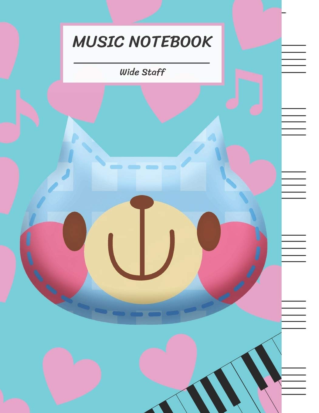 Music Notebook Wide Staff: Cute Pink Blue Bear Face Heart,Piano Keyboard/Blank Music Sheet Notebook,Big Staff Paper,Music Manuscript Paper,6 Large ... Pages,For Boys,Girls, Kids, Beginners.