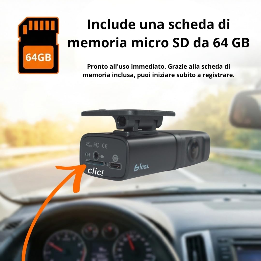 Faas S80 Dash Cam Auto 4K Fronte e Retro – Telecamera per Auto con Scheda 64GB Inclusa, WiFi, Visione Notturna, G-Sensor, Modalità Parcheggio & Grandangolo 160°