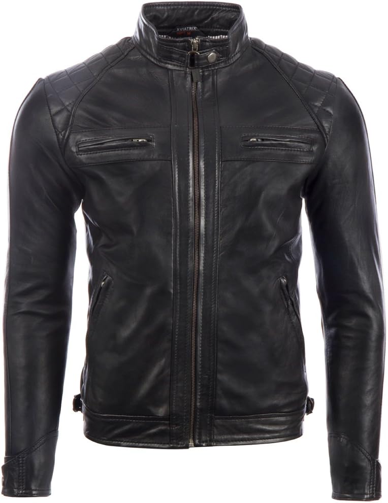 AviatrixMen's Fashion Real Leather Jacket with Shoulder Design (44T9)