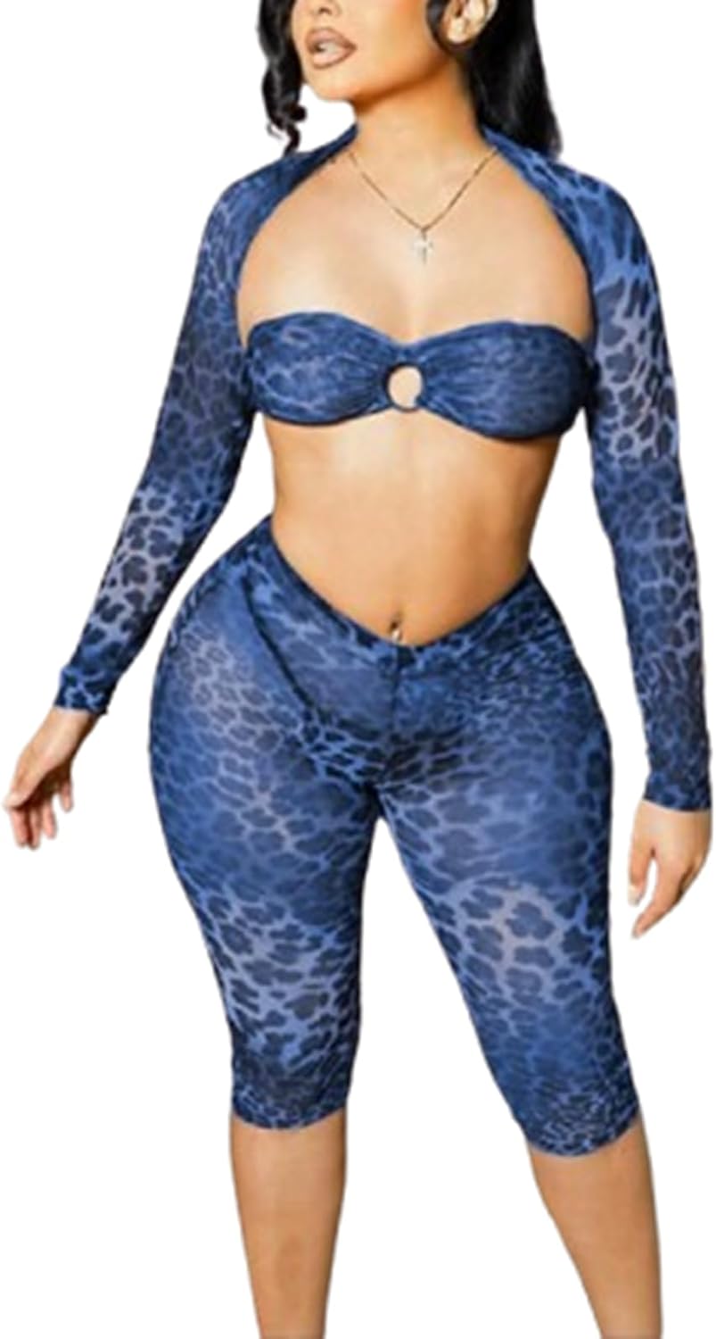 Cheetah Print Outfit for Women Sexy 3 Piece Stretchy See Through Sexy Club Outfits for Women Clubwear 2025