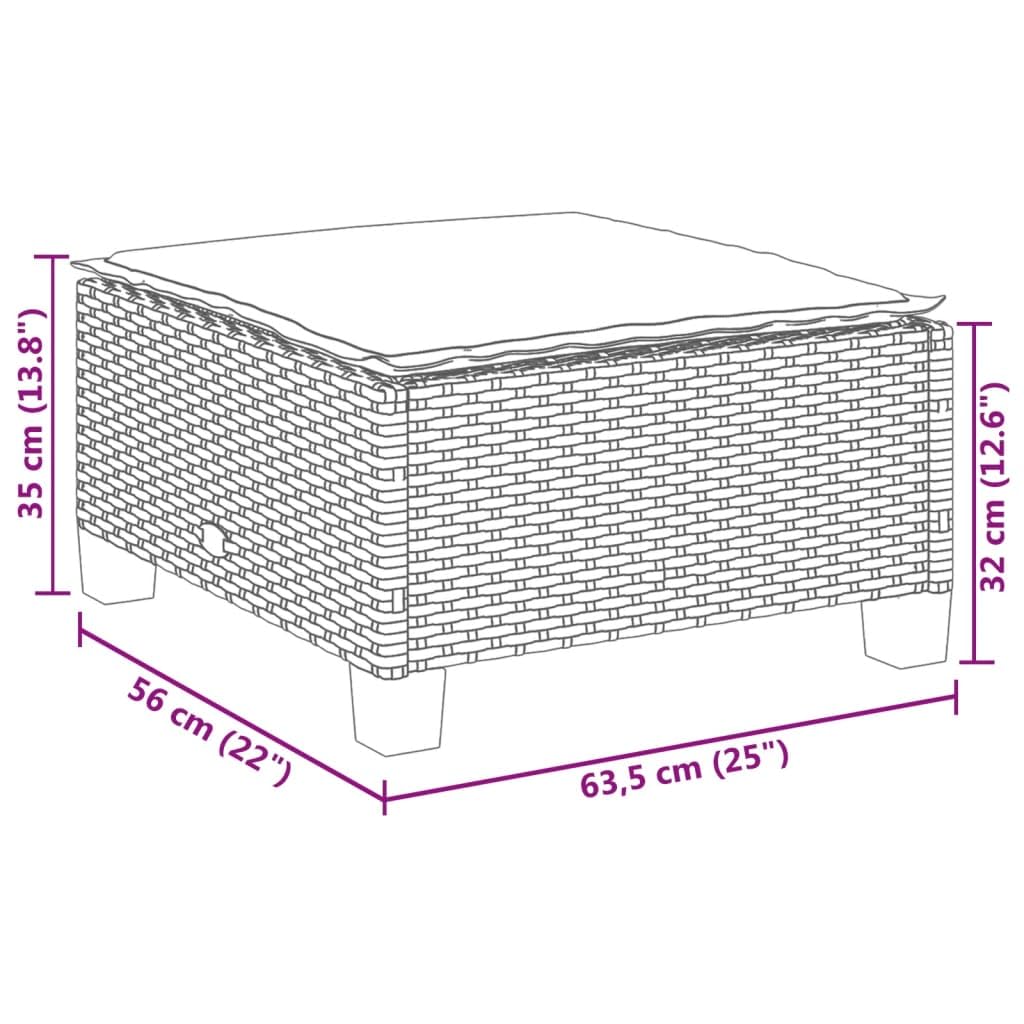 Taboret ogrodowy z polirattanu z wyściełaną poduszką do siedzenia, szary, 63,5 x 56 x 32 cm, podnóżek na taras, balkon i do ogrodu