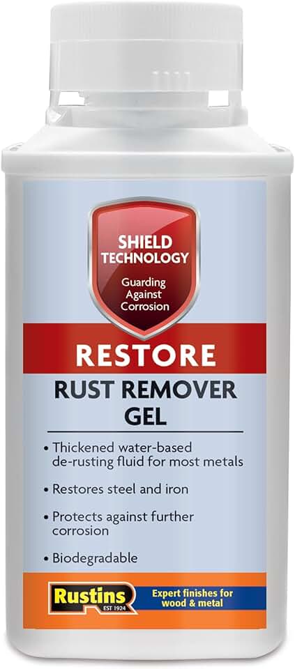 Gel removedor de ferrugem Rustins Shield Technology 250 ml – Restaura superfícies metálicas com fórmula de gel avançada, fácil aplicação para superfícies verticais, remoção sustentável de ferrugem