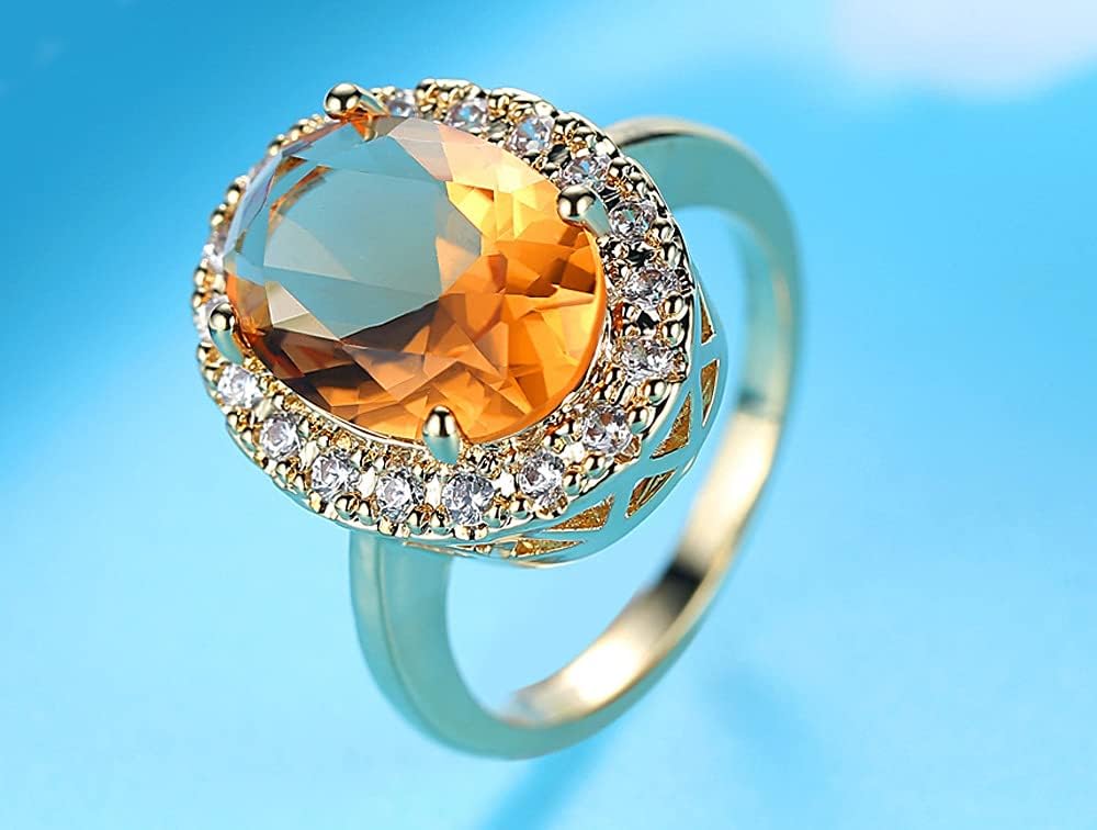 GUIDECUN Golden Tone Oval Shaped Champagne CZ & Round Clear Cubic Zirconia Halo Cocktails Engagement Ring for Woman (US Size 8)
