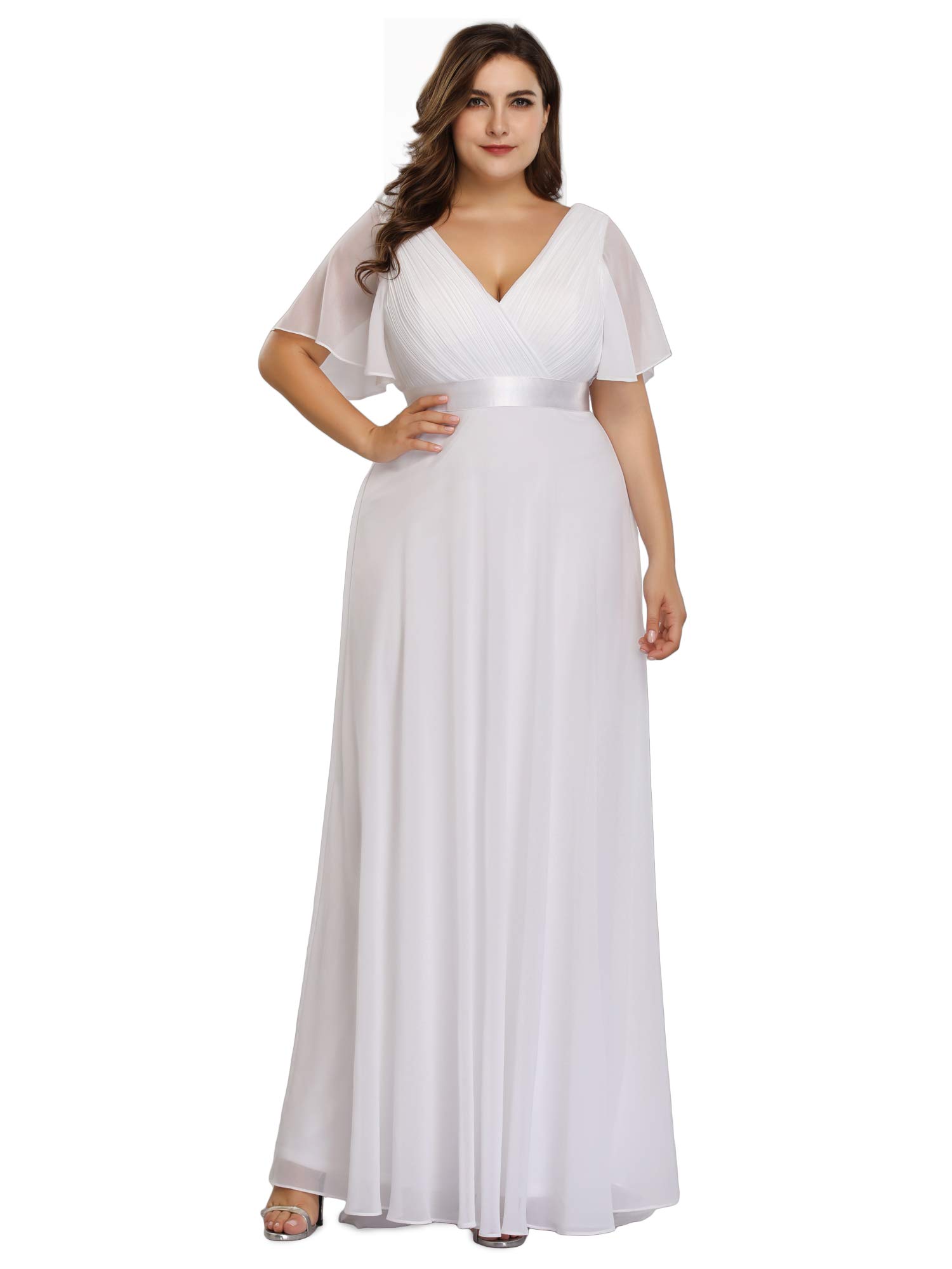 Ever-Pretty Women's Elegant V-Neck Short Sleeves Empire Waist Floor Length Plus Size Evening Dresses