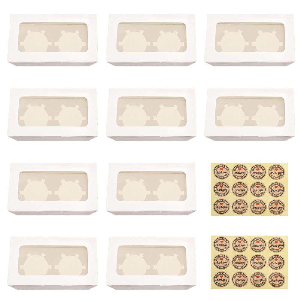 Lanjue 10 Packs Cupcake Boxes, 2 Holes Cupcake Boxes with Window and Inserts White Cardboard Muffin Boxes Cupcake Holder with 24 Pcs Stickers for Cupcake Cookies or Muffins (2 hole)